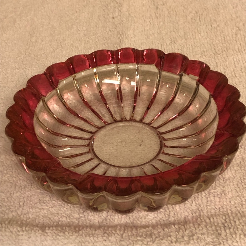 Fenton Red and Clear “Thumbprint” CandyTrinket Dish; Fill with Ornaments!